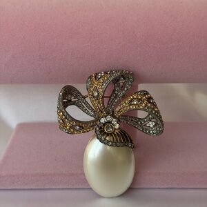 Cindy Adams Faux Pearl & Rhinestone Ribbon Bow Brooch